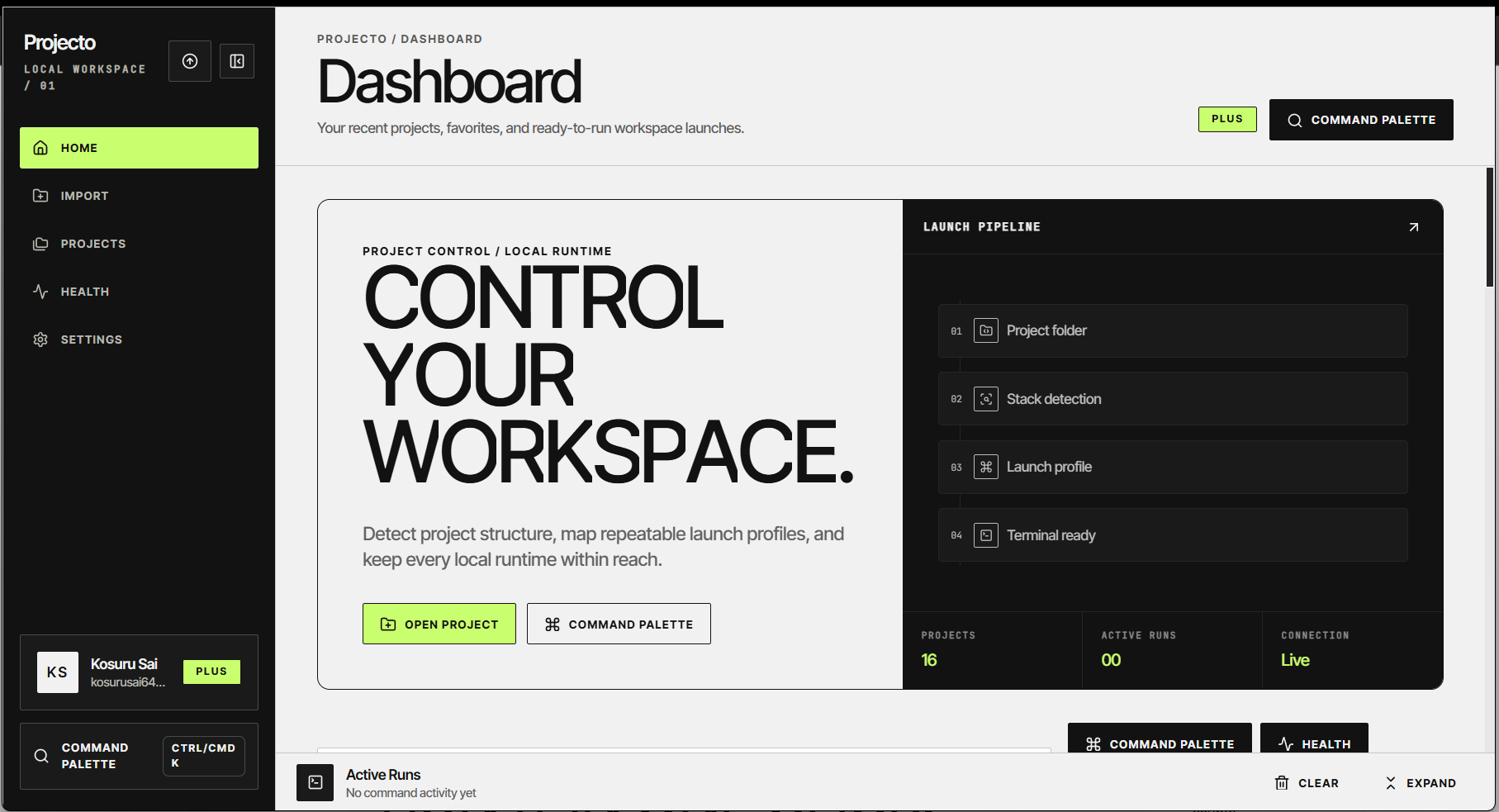Projecto desktop dashboard showing projects, launch health, and command controls