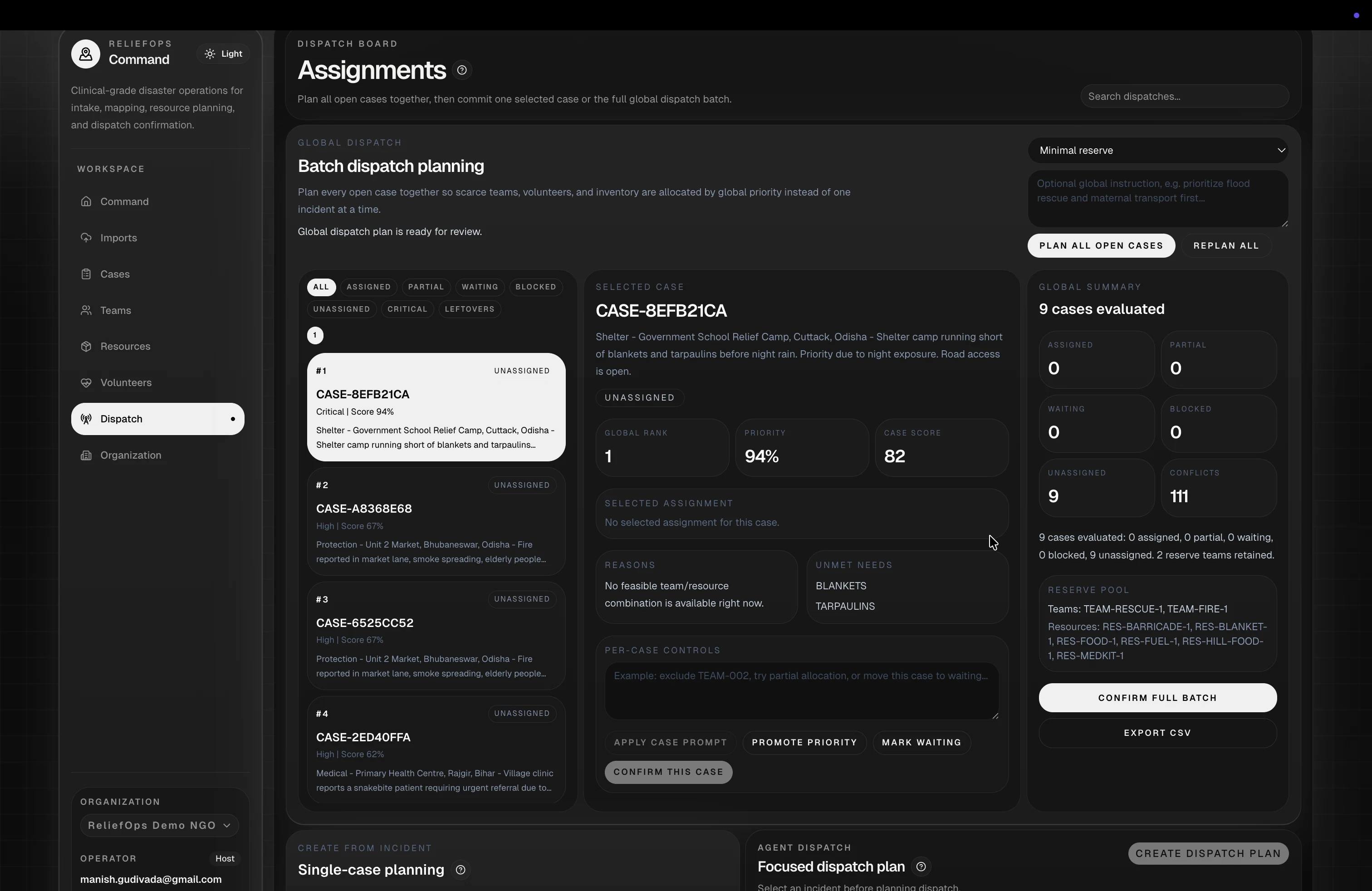 ReliefOps AI dispatch board coordinating disaster response cases, teams and resources